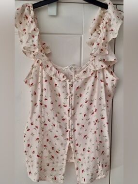 H&M Womens Floral Ruffle Blouse - White and Pink